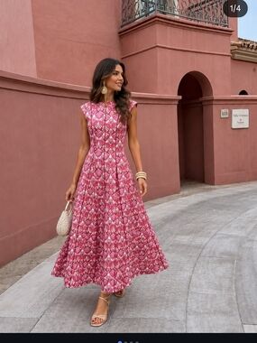 Cap-Sleeve Pink Floral Cotton Maxi Dress M